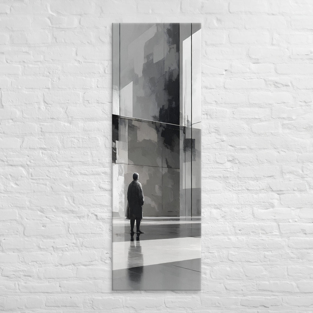 The Silent Gallery, tall wrapped canvas print: a solitary figure before a vast grey abstract architectural wall.