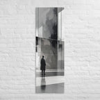 The Silent Gallery, tall wrapped canvas print: a solitary figure before a vast grey abstract architectural wall.