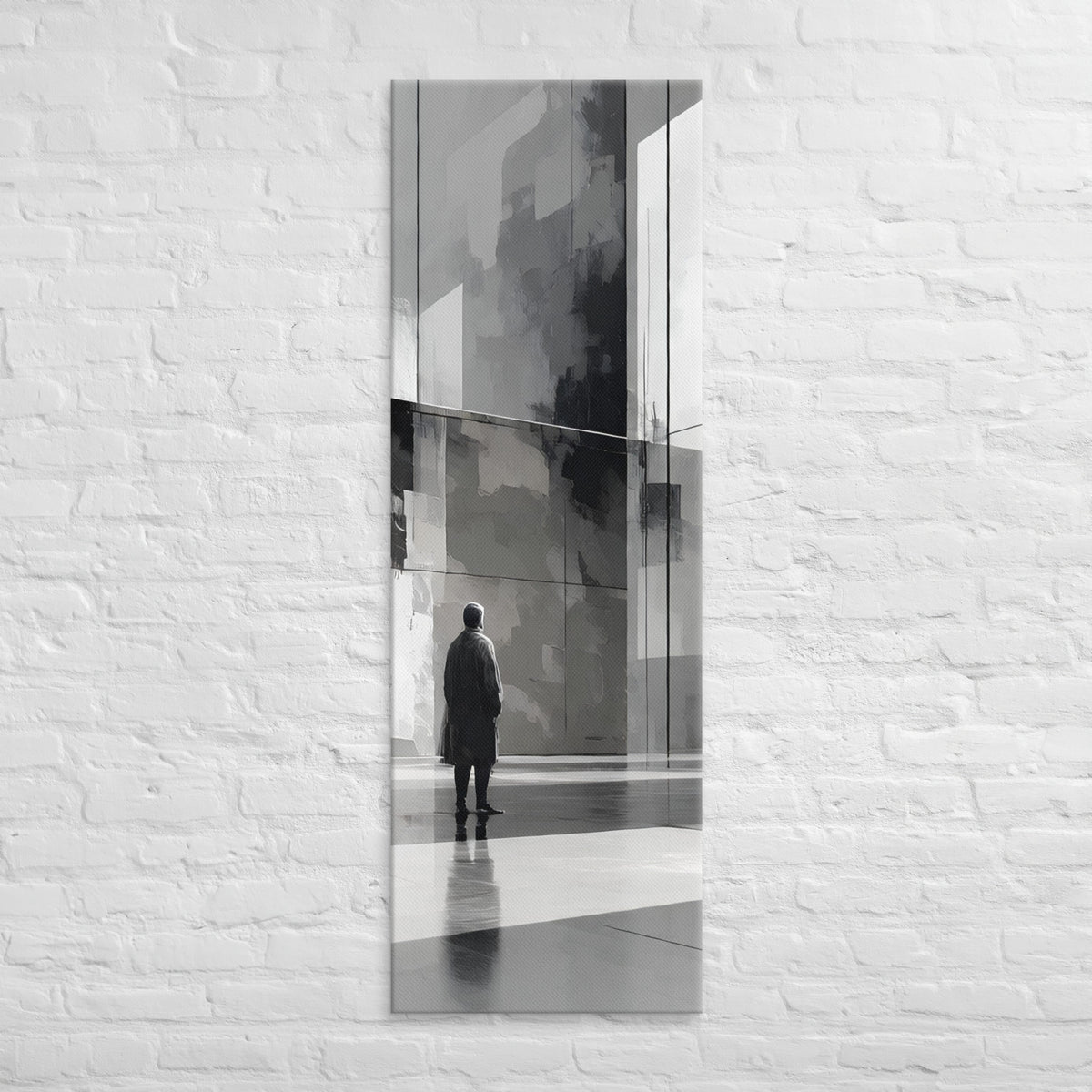 The Silent Gallery, tall wrapped canvas print: a solitary figure before a vast grey abstract architectural wall.