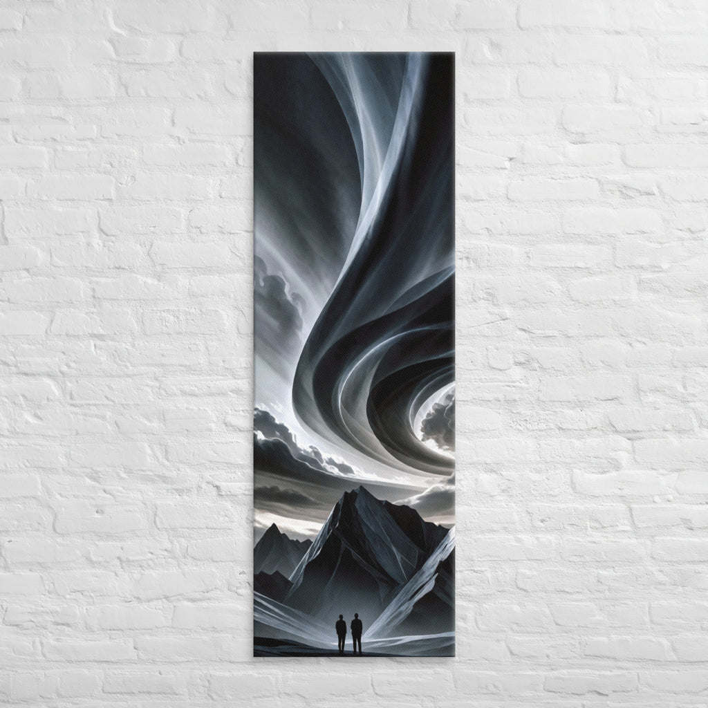 The Sky in Ribbons, tall wrapped canvas print: two figures beneath a sky of swirling ribbon-like clouds above dark mountain peaks.