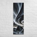 The Sky in Ribbons, tall wrapped canvas print: two figures beneath a sky of swirling ribbon-like clouds above dark mountain peaks.