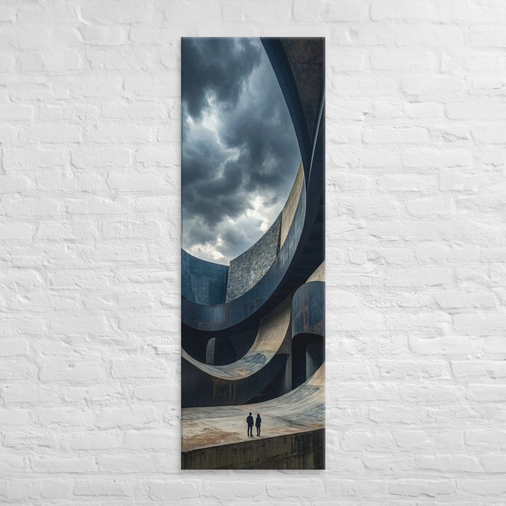 The Curving Courtyard, tall wrapped canvas print: two tiny figures in a vast courtyard of sweeping curved stone and concrete walls.