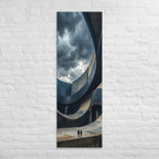 The Curving Courtyard, tall wrapped canvas print: two tiny figures in a vast courtyard of sweeping curved stone and concrete walls.