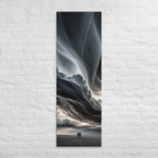 The Folded Sky, tall wrapped canvas print: two figures on an empty plain beneath a dark sculptural folded-cloud sky.