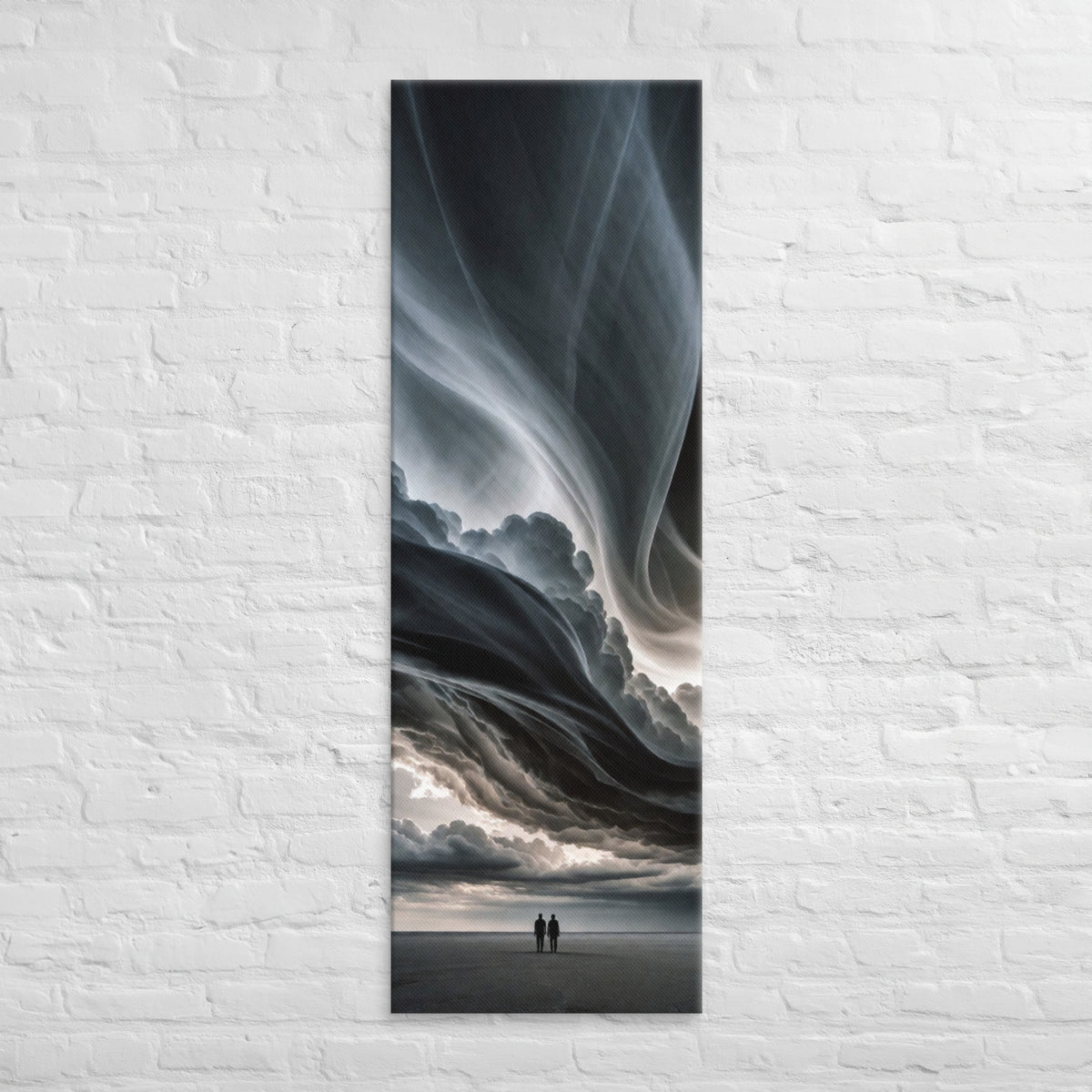The Folded Sky, tall wrapped canvas print: two figures on an empty plain beneath a dark sculptural folded-cloud sky.
