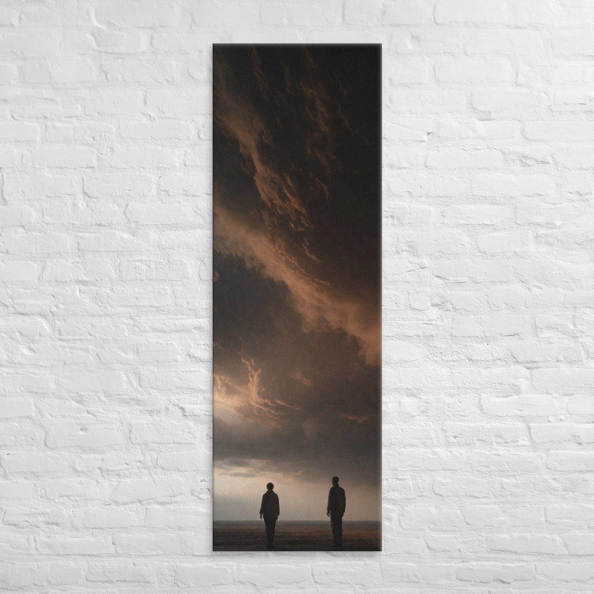 Under Copper Clouds, tall wrapped canvas print: two figures on an empty plain beneath a towering copper-edged storm cloud.