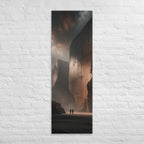 The Copper Monolith, tall wrapped canvas print: two figures dwarfed by colossal copper-lit monoliths rising from haze.