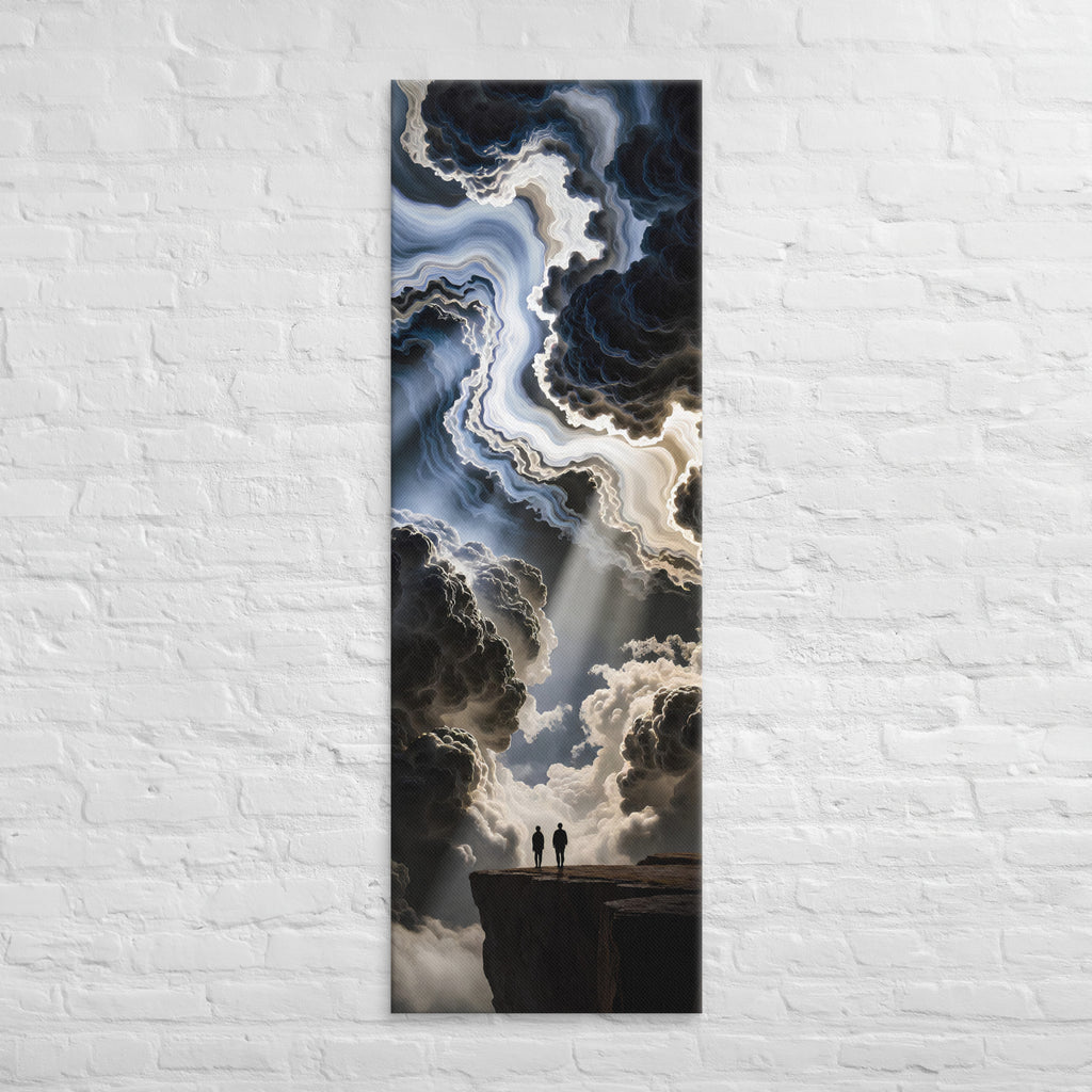 A River Through the Clouds, tall wrapped canvas print: two figures on a cliff edge watching a luminous river of cloud wind between dark peaks.
