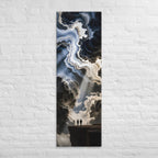 A River Through the Clouds, tall wrapped canvas print: two figures on a cliff edge watching a luminous river of cloud wind between dark peaks.