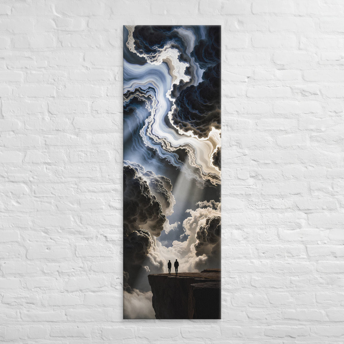 A River Through the Clouds, tall wrapped canvas print: two figures on a cliff edge watching a luminous river of cloud wind between dark peaks.