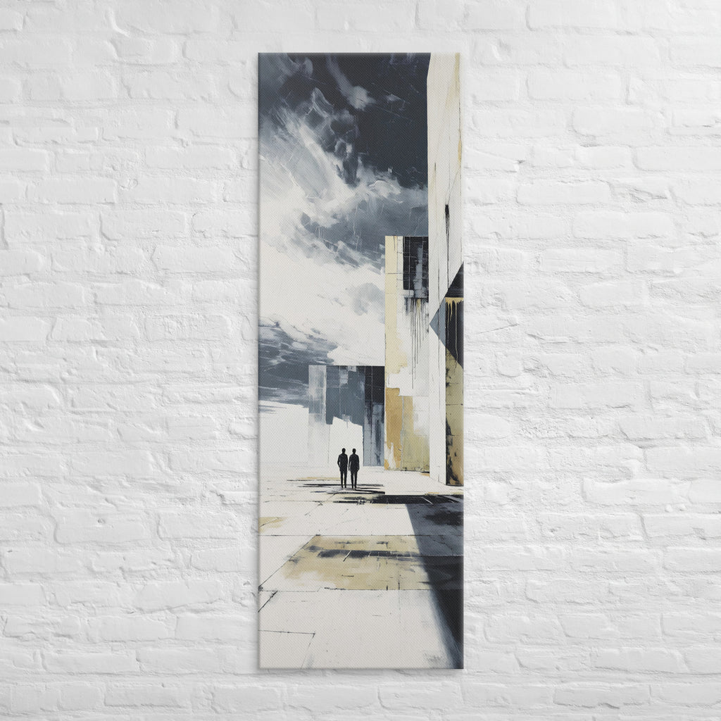 The Long Architectural Shadow, tall wrapped canvas print: two figures crossing a bright abstract plaza of white and gold planes with long shadows.
