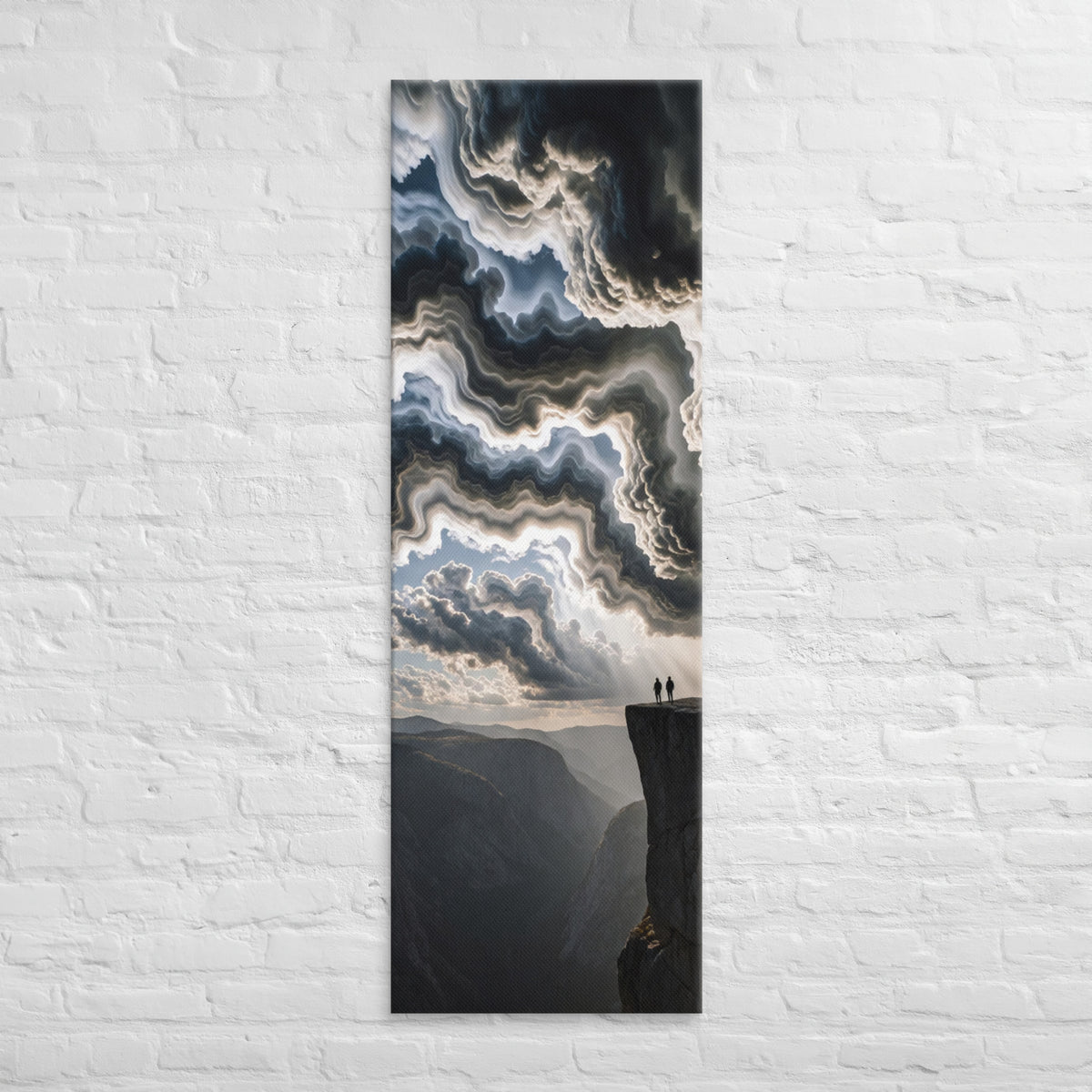 Above the Layered Valley, tall wrapped canvas print: two figures on a cliff rim above a layered valley under marbled churning clouds.