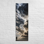 The Luminous Rift, tall wrapped canvas print: a lone figure on a plain beneath a towering rift of luminous cloud with light streaming through.