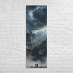 The Valley Below, tall wrapped canvas print: two figures on rocks looking down into a misty valley of dark storm-capped peaks.