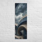 Within the Stone Spiral, tall wrapped canvas print: two figures inside a spiraling curved-stone structure under dark clouds.