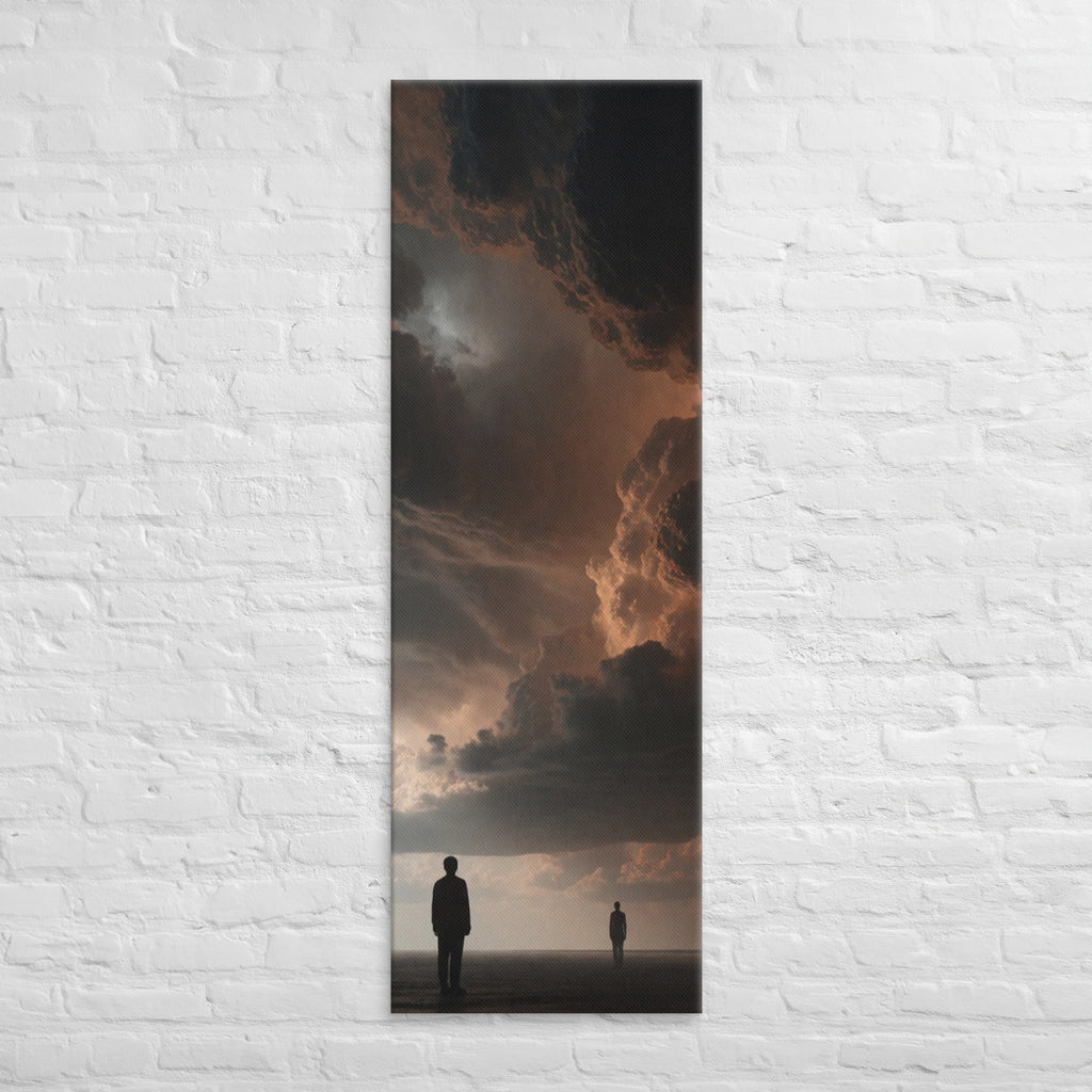 The Distance Between, tall wrapped canvas print: two figures standing far apart on a dark plain beneath a brooding copper-black sky.