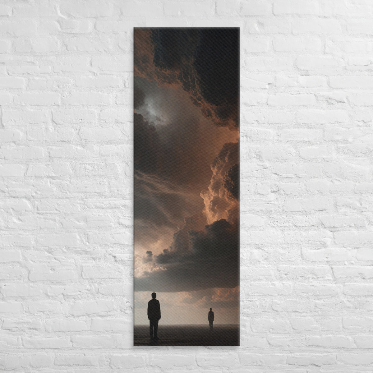 The Distance Between, tall wrapped canvas print: two figures standing far apart on a dark plain beneath a brooding copper-black sky.