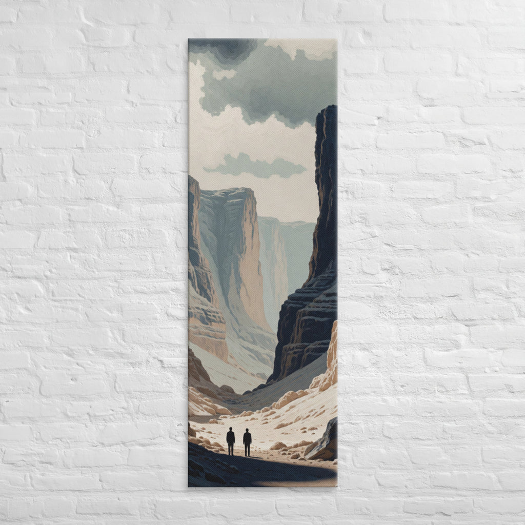 The Pale Canyon Passage, tall wrapped canvas print: two figures walking a pale canyon passage between towering striated cliffs.
