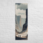 The Pale Canyon Passage, tall wrapped canvas print: two figures walking a pale canyon passage between towering striated cliffs.