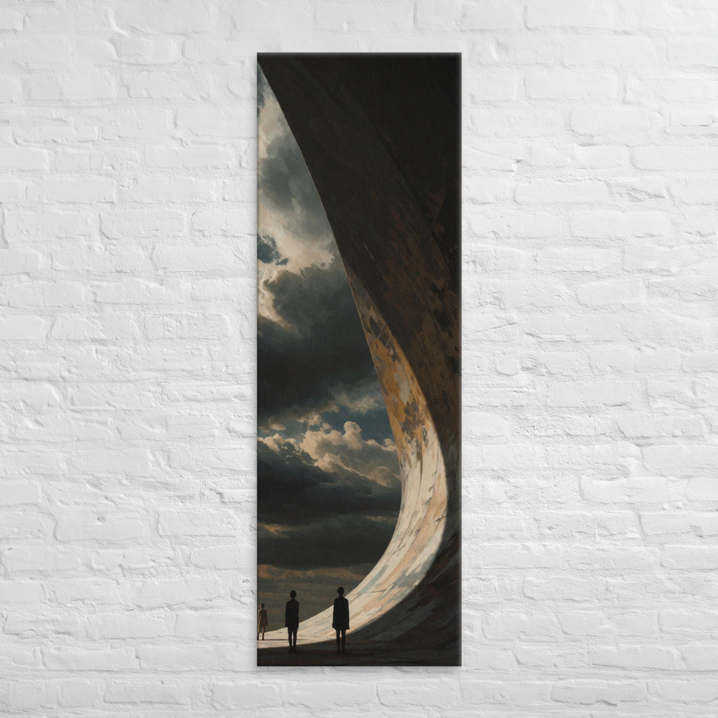 Beneath the Great Curve, tall wrapped canvas print: three figures beneath a colossal curving rock formation arcing overhead.