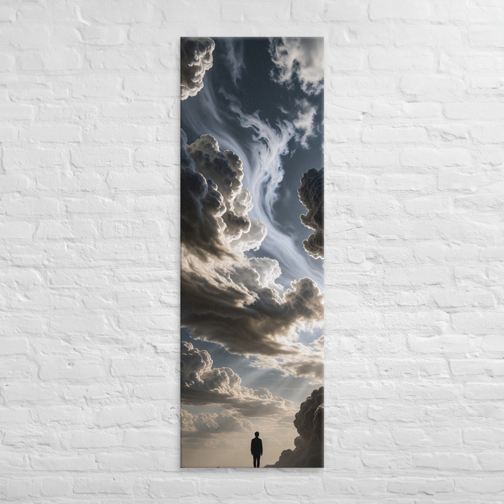 The Sky Unfurling, tall wrapped canvas print: a lone figure beneath unfurling silver-and-ink clouds with light breaking through.