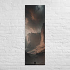 Before the Canyon Walls, tall wrapped canvas print: two figures before immense dark canyon walls under a brooding sky.