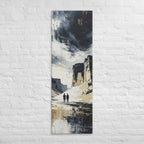 The Mirrored Passage, tall wrapped canvas print: two figures in a painterly passage between light and dark cliffs.