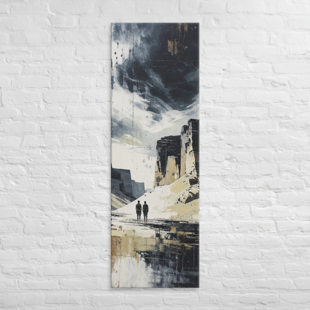 The Mirrored Passage, tall wrapped canvas print: two figures in a painterly passage between light and dark cliffs.