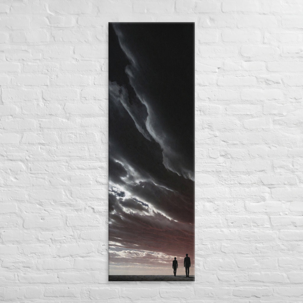 Beneath the Dark Sweep, tall wrapped canvas print: two figures on a plain beneath a vast dark sweep of cloud with a pink horizon.
