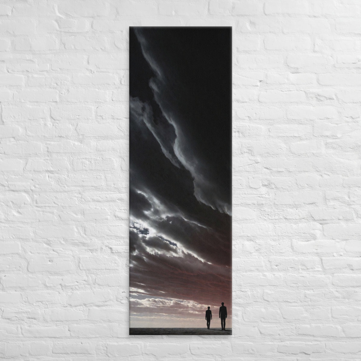 Beneath the Dark Sweep, tall wrapped canvas print: two figures on a plain beneath a vast dark sweep of cloud with a pink horizon.
