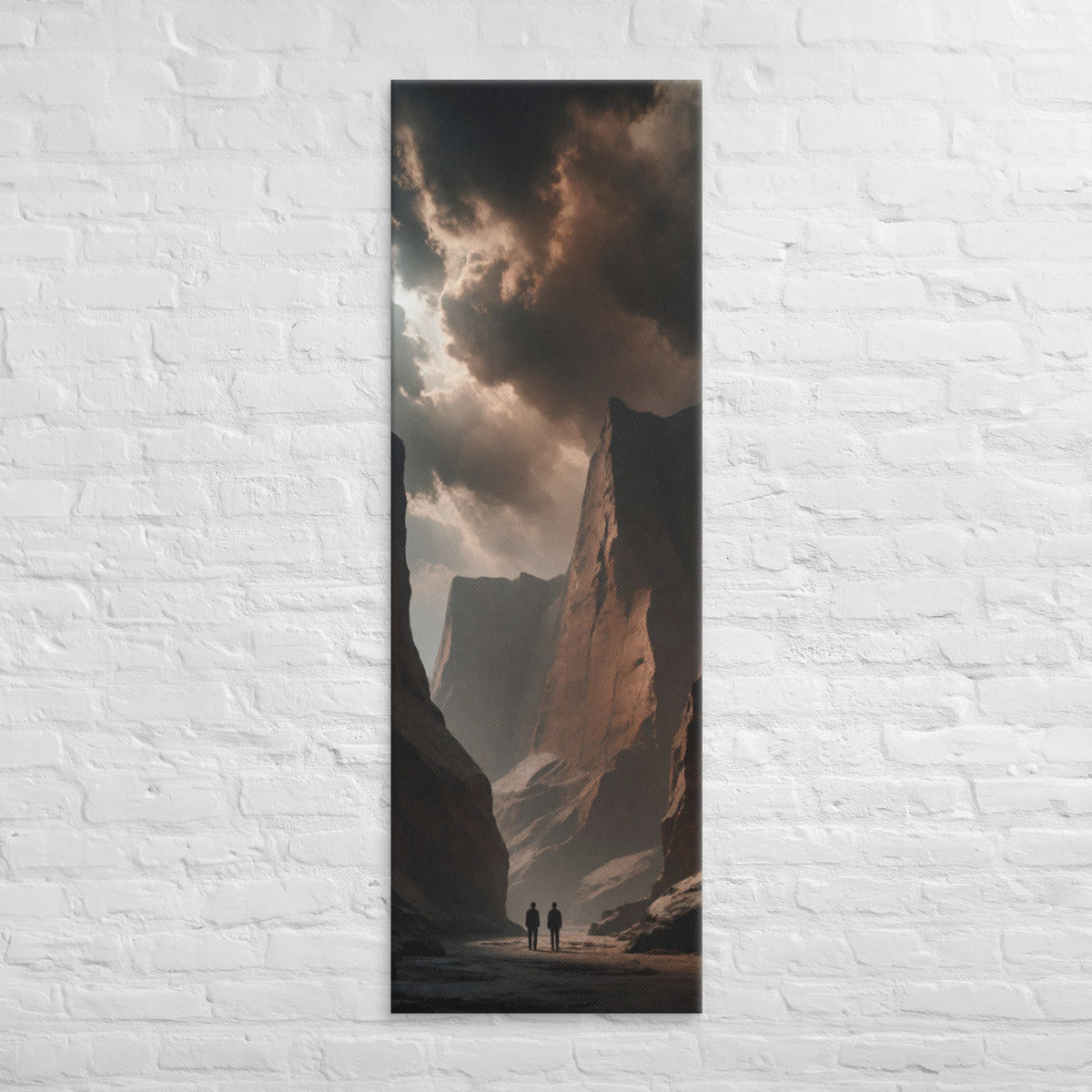 The Canyon of Embers, tall wrapped canvas print: two figures in a canyon of ember-lit rock under a bruised sky.