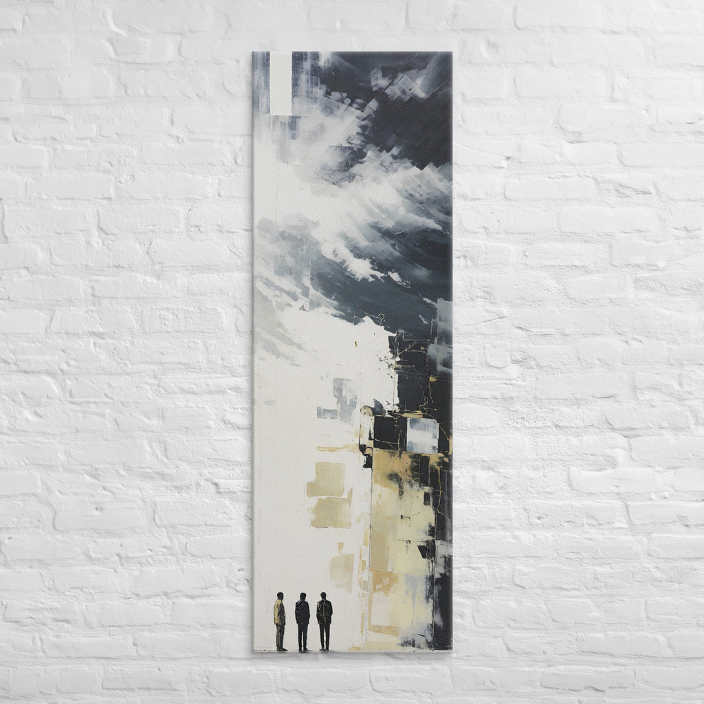 Three in the Open Light, tall wrapped canvas print: three figures in a wash of open light beneath abstract white and black.
