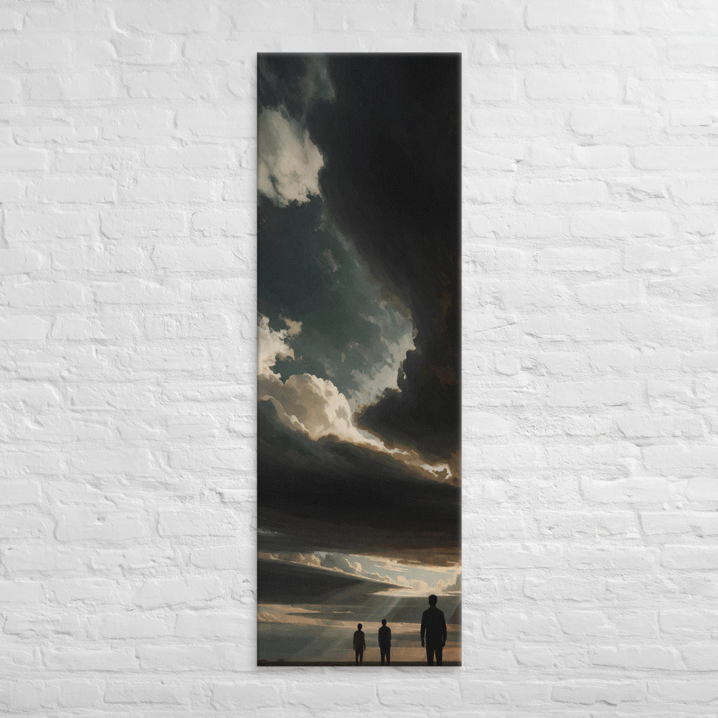 The Last Opening, tall wrapped canvas print: three figures beneath a dark cloud with one last opening of light above.