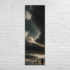 The Last Opening, tall wrapped canvas print: three figures beneath a dark cloud with one last opening of light above.