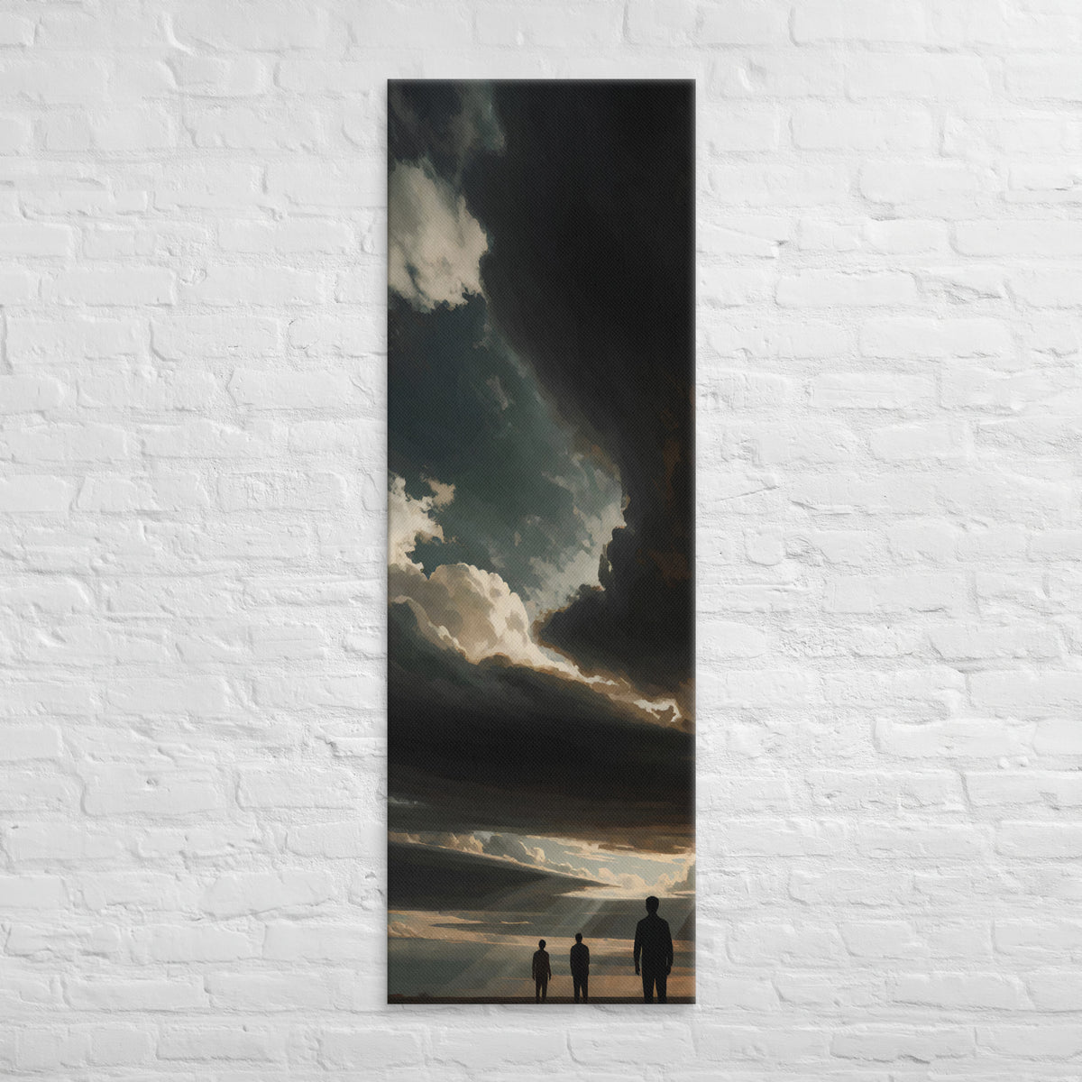 The Last Opening, tall wrapped canvas print: three figures beneath a dark cloud with one last opening of light above.