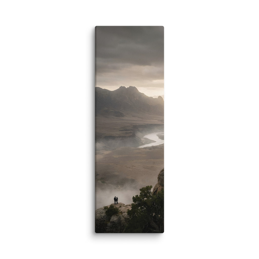 Over the Winding River, tall wrapped canvas print: two figures on a cliff above a winding river in misty dawn country.