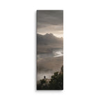 Over the Winding River, tall wrapped canvas print: two figures on a cliff above a winding river in misty dawn country.