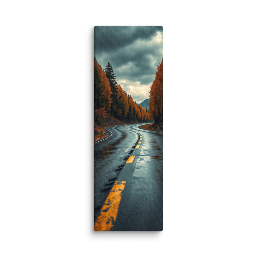 After The Rain Passes, tall wrapped canvas print: a wet asphalt road curving through orange autumn forest beneath a dark, parting storm sky.