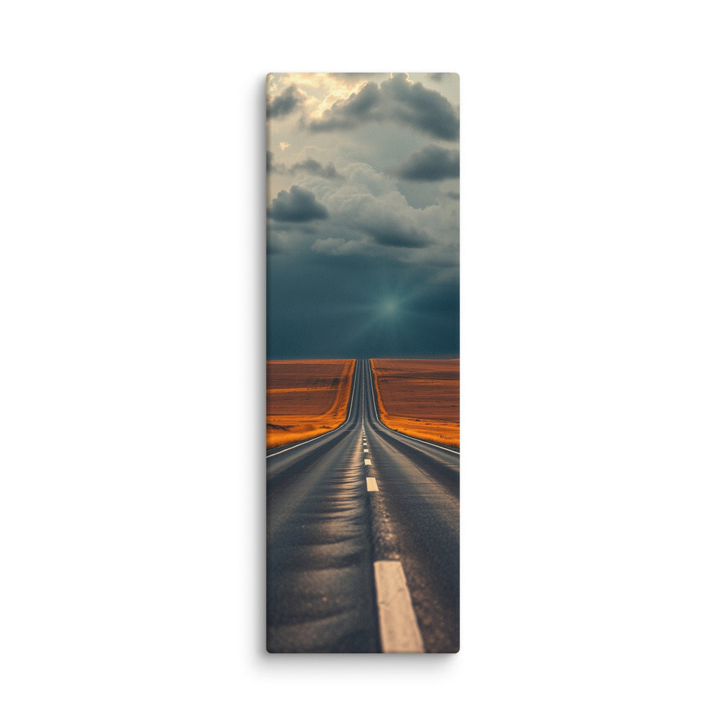 Where The Sky Breaks, tall wrapped canvas print: a road across golden plains toward a dark storm wall with a shaft of light breaking through.
