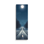 Nocturne In Frost, tall wrapped canvas print: a bright full moon over a snow-lined winter road through bare trees, moonlight on wet asphalt.