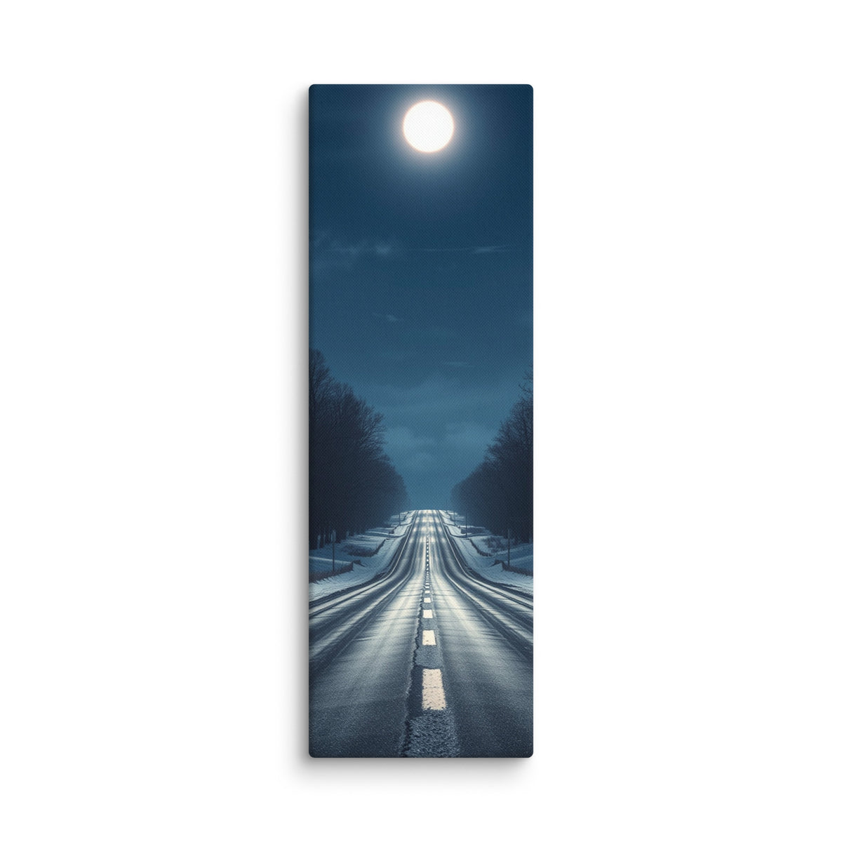 Nocturne In Frost, tall wrapped canvas print: a bright full moon over a snow-lined winter road through bare trees, moonlight on wet asphalt.