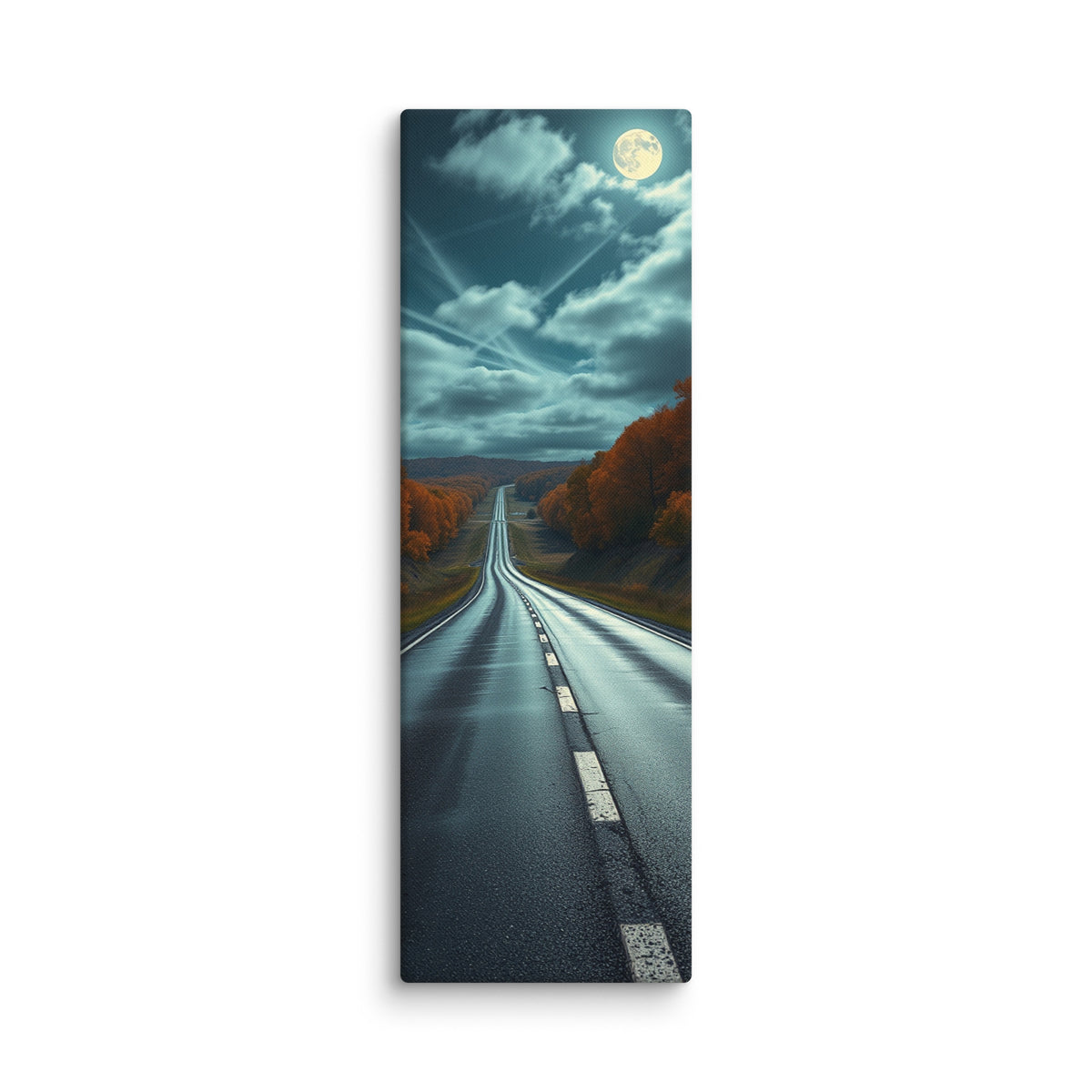 Under An Autumn Moon, tall wrapped canvas print: a full moon glowing through clouds over a night road flanked by orange autumn trees.