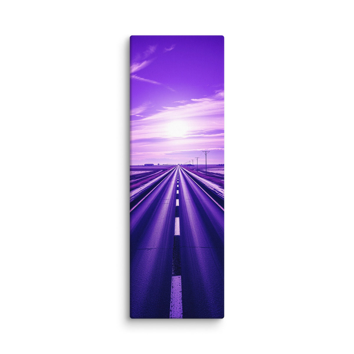 The Violet Hour, tall wrapped canvas print: a road through winter-white plains beneath a vivid violet sky, a bright sun glowing at its center.