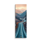 Between Blue And Ember, tall wrapped canvas print: a serpentine alpine road with cool blue shadows and ember-orange light glowing on the peaks.