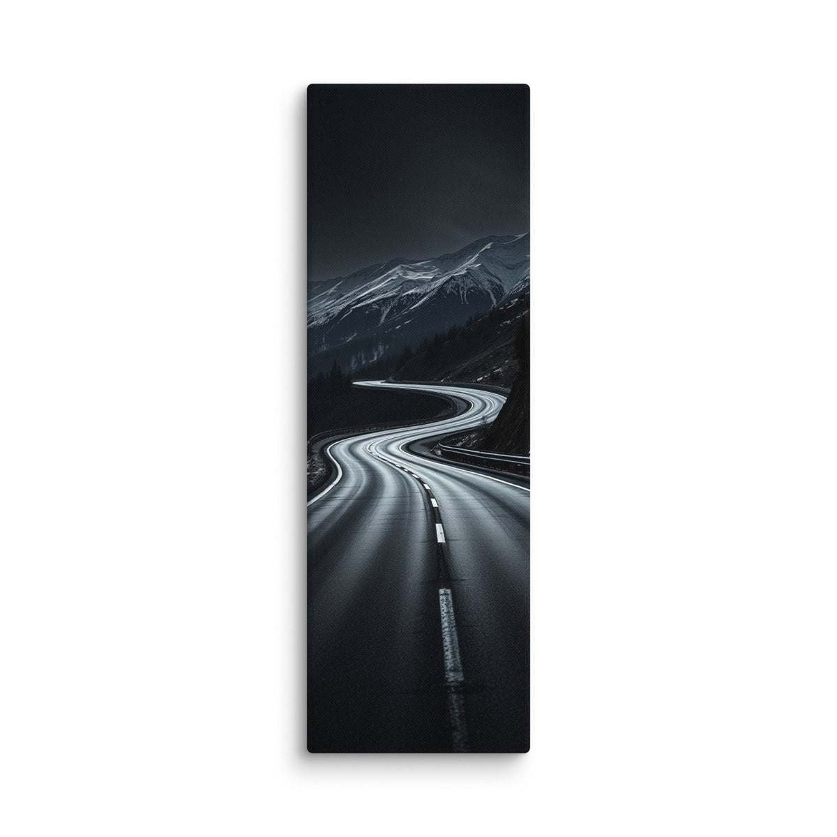 The Night Pass, tall wrapped canvas print: a dark switchback road through snowy mountains at night with distant car headlights.