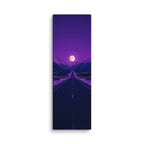 Violet Distance, tall wrapped canvas print: a full moon over a long straight winter road beneath a deep violet sky with snowy mountains.