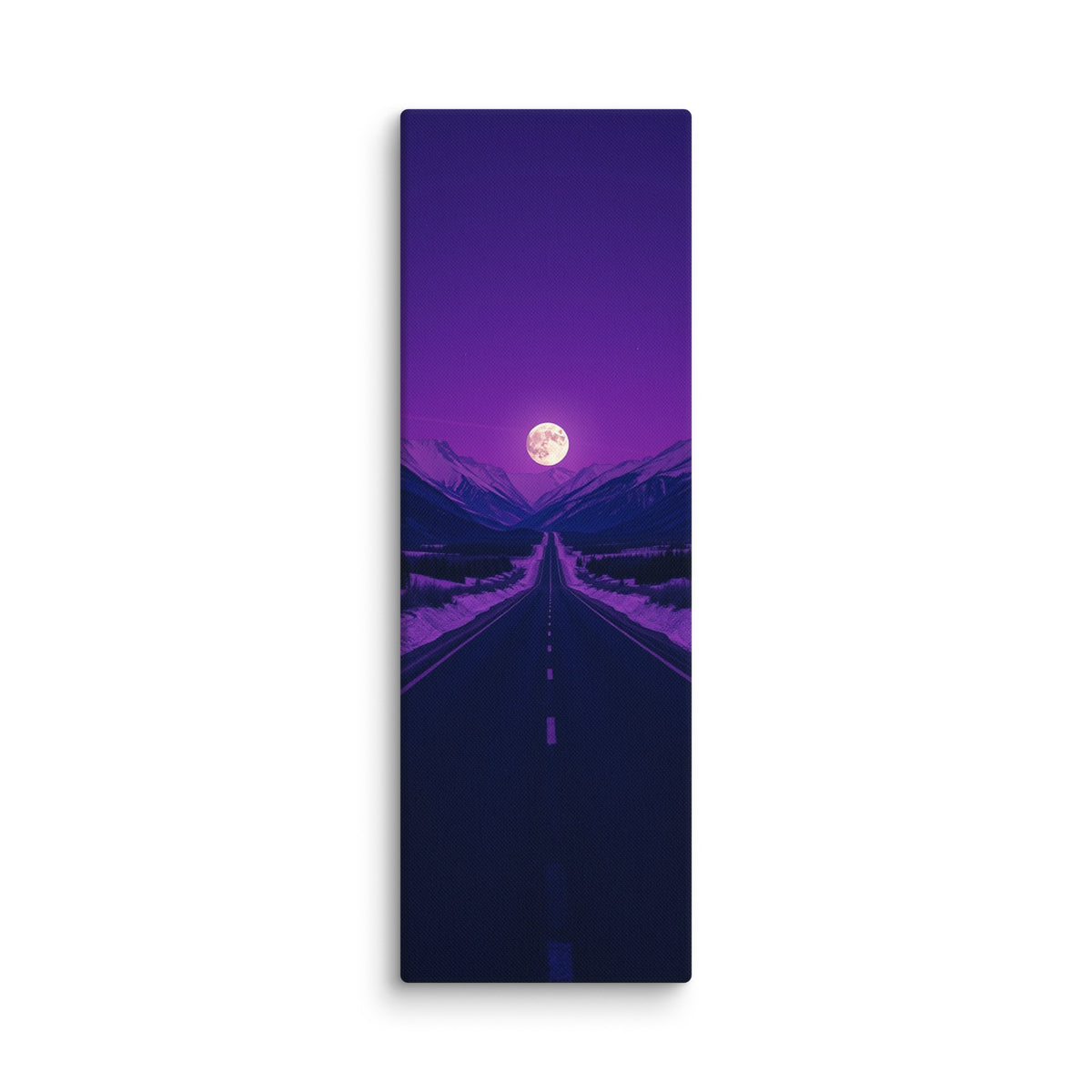 Violet Distance, tall wrapped canvas print: a full moon over a long straight winter road beneath a deep violet sky with snowy mountains.