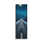The Blue Hours Ahead, tall wrapped canvas print: a full moon and stars over a straight snow road between dark pines toward moonlit peaks.