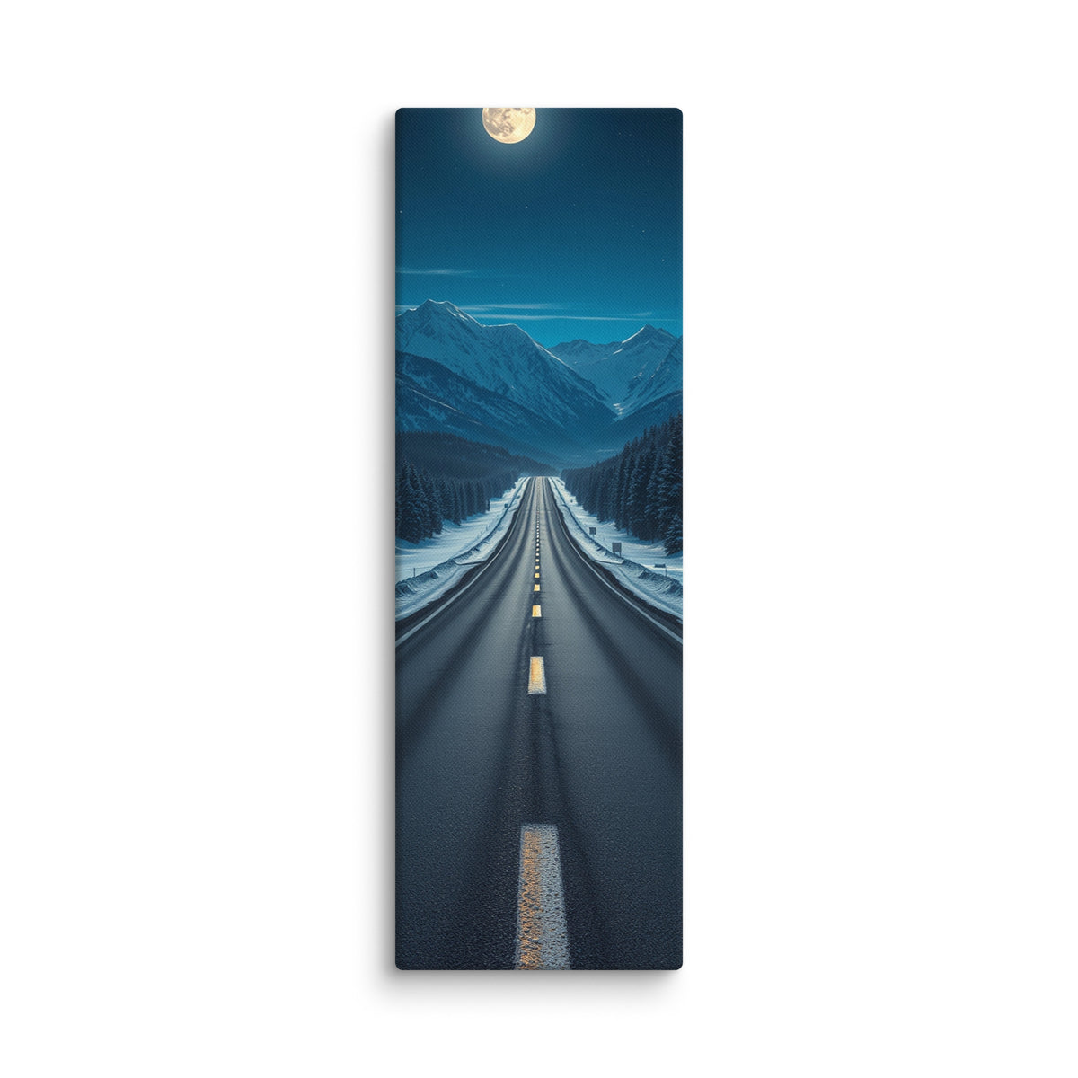 The Blue Hours Ahead, tall wrapped canvas print: a full moon and stars over a straight snow road between dark pines toward moonlit peaks.