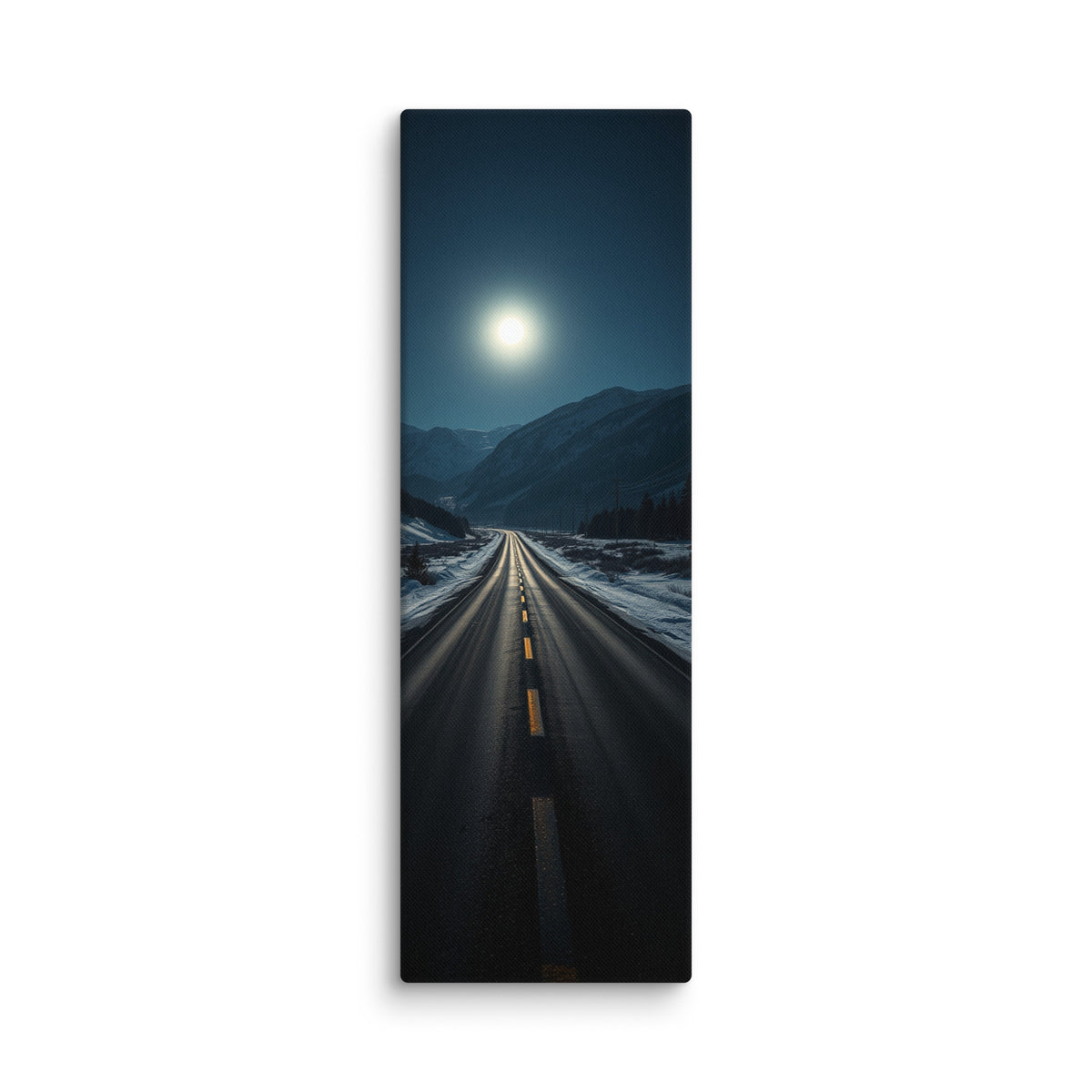 Night Without End, tall wrapped canvas print: a full moon blazing over a snow-lined mountain road winding through dark peaks at night.